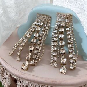 Vintage Dangle Rhinestone Silver Tone Metal Fish Hook Pierced Earrings